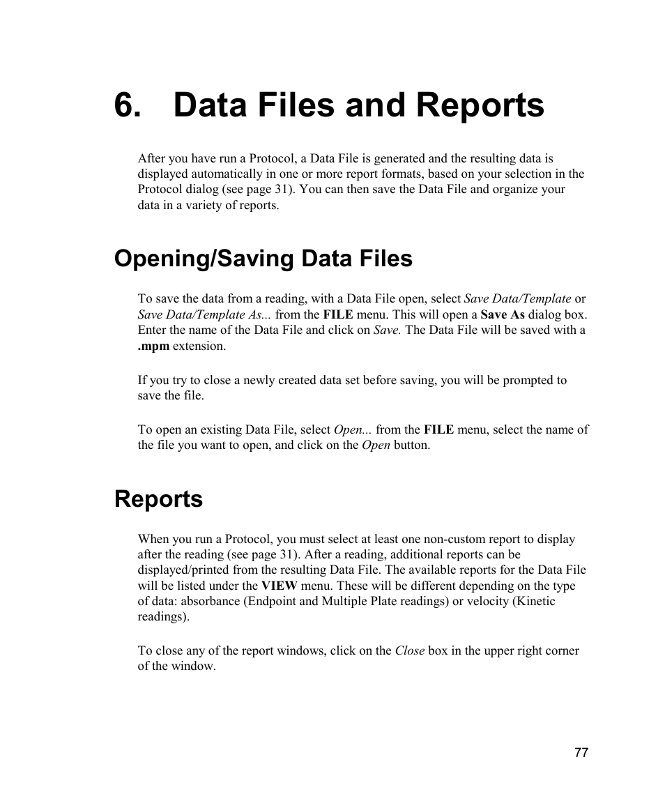 Data files and reports, Opening/saving data files, Reports | Bio-Rad Model 680 Microplate Reader Accessories User Manual | Page 85 / 150