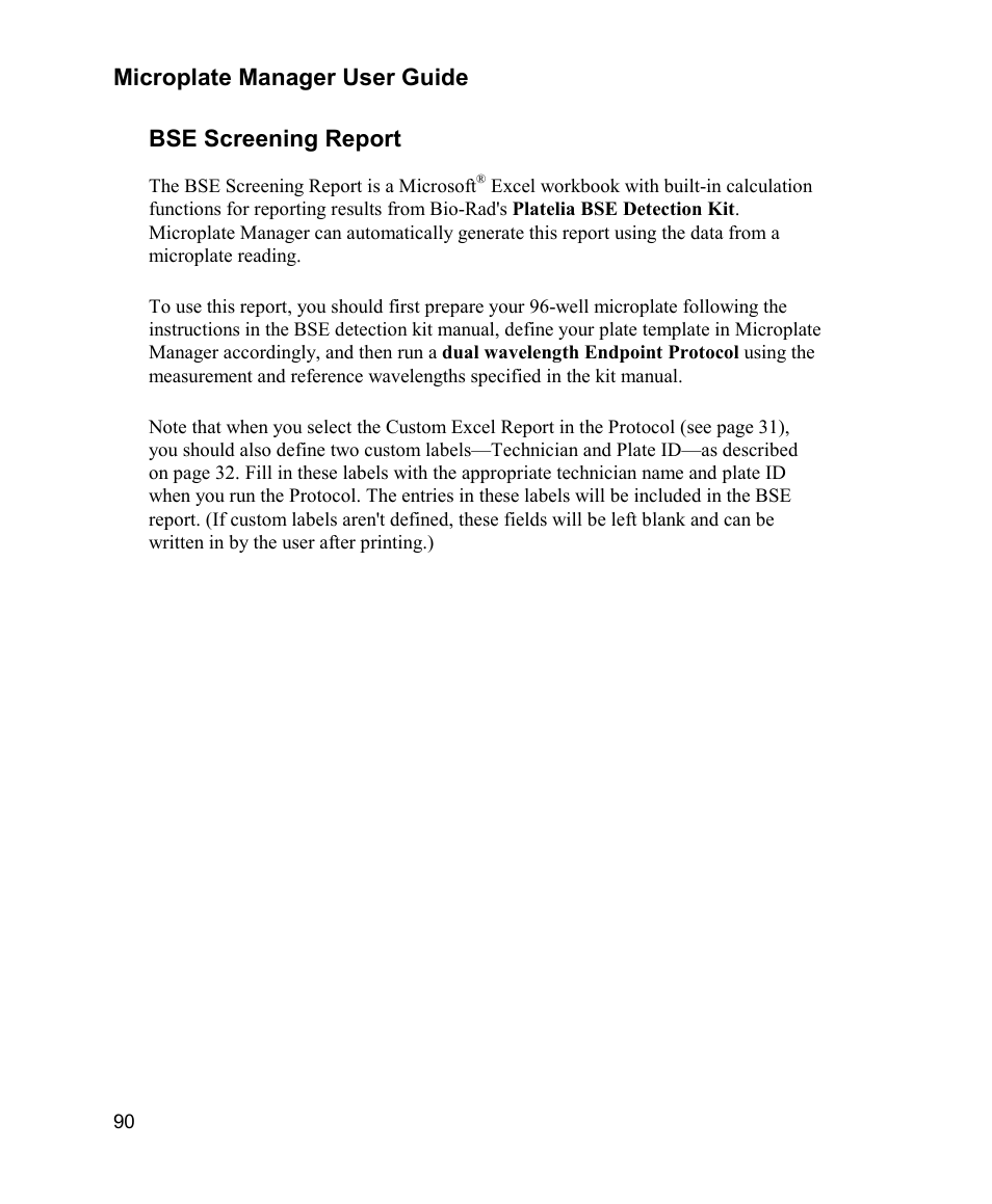 Microplate manager user guide, Bse screening report | Bio-Rad Model 680 Microplate Reader Accessories User Manual | Page 98 / 150