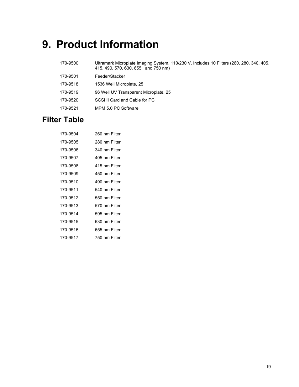 Product information, Filter table | Bio-Rad Model 550, Ultramark, and Benchmark Microplate Reader Accessories User Manual | Page 25 / 31