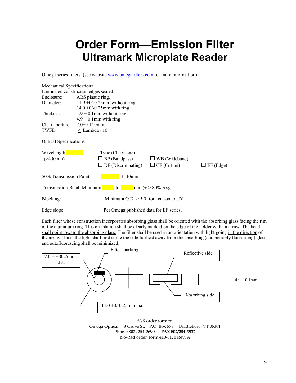 Order form—emission filter, Ultramark microplate reader | Bio-Rad Model 550, Ultramark, and Benchmark Microplate Reader Accessories User Manual | Page 27 / 31