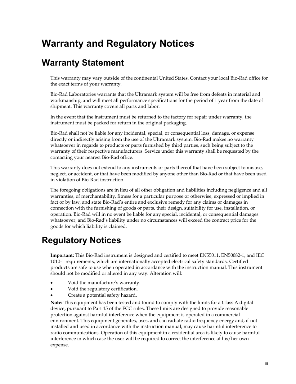 Warranty and regulatory notices, Warranty statement, Regulatory notices | Bio-Rad Model 550, Ultramark, and Benchmark Microplate Reader Accessories User Manual | Page 3 / 31
