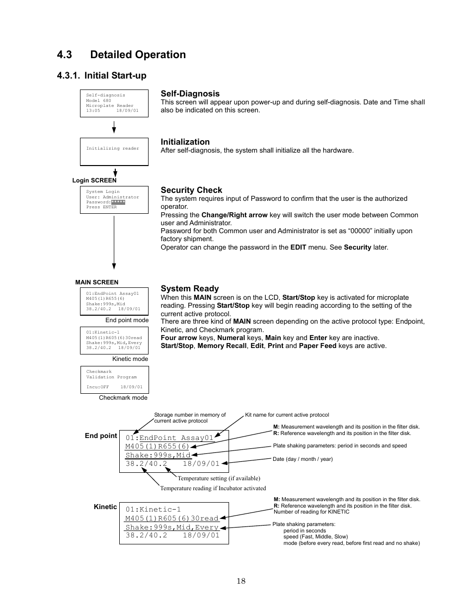 3 detailed operation, Initial start-up, Self-diagnosis | Initialization, Security check, System ready | Bio-Rad Model 680 Microplate Reader Accessories User Manual | Page 22 / 68