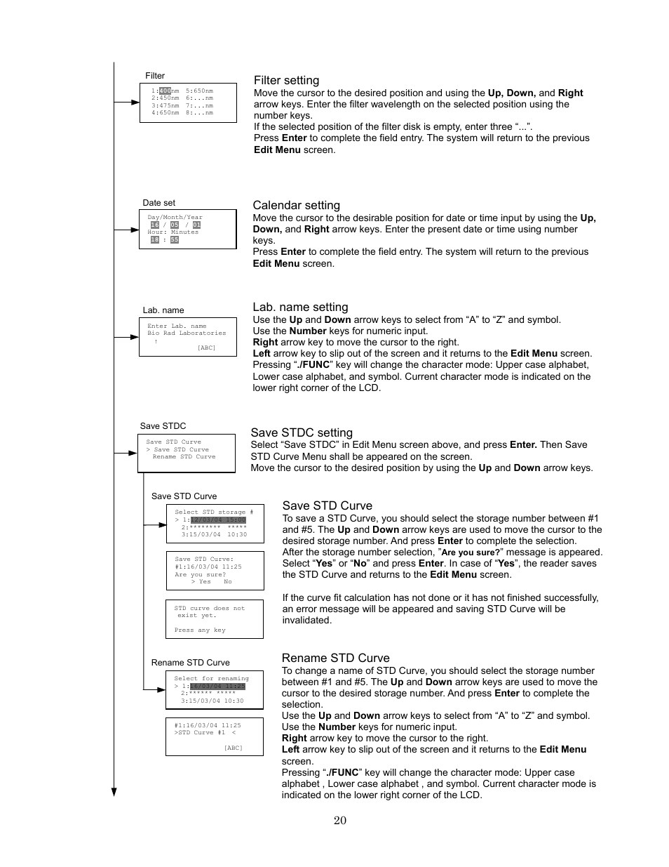 Filter setting, Calendar setting, Lab. name setting | Save stdc setting, Save std curve, Rename std curve | Bio-Rad Model 680 Microplate Reader Accessories User Manual | Page 24 / 68