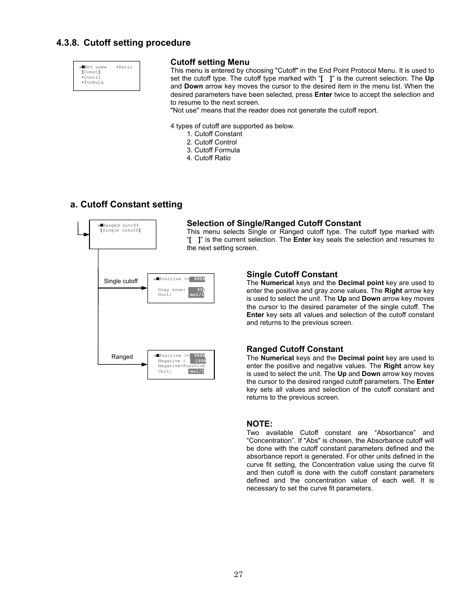 Cutoff setting procedure, A. cutoff constant setting, Cutoff setting menu | Selection of single/ranged cutoff constant, Single cutoff constant, Ranged cutoff constant | Bio-Rad Model 680 Microplate Reader Accessories User Manual | Page 31 / 68