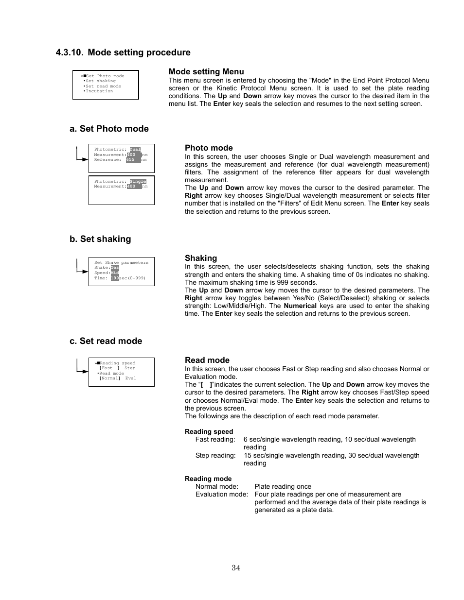 Mode setting procedure, A. set photo mode, B. set shaking | C. set read mode, Mode setting menu, Photo mode, Shaking, Read mode | Bio-Rad Model 680 Microplate Reader Accessories User Manual | Page 38 / 68