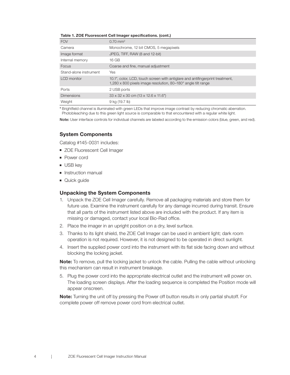 System components, Unpacking the system components | Bio-Rad ZOE™ Fluorescent Cell Imager User Manual | Page 12 / 36