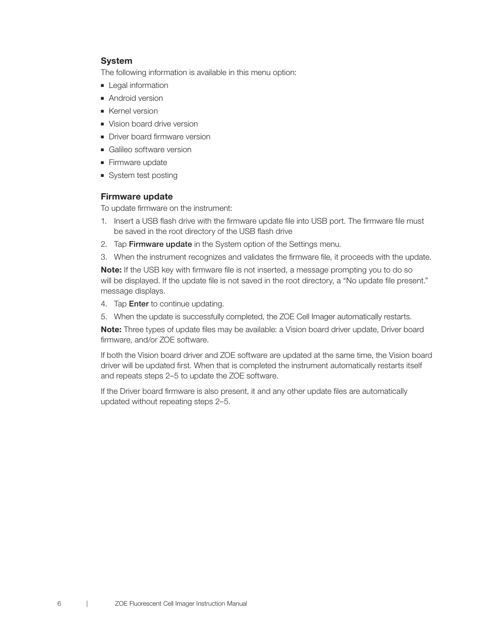 System, Legal information, Android version | Kernel version, Vision board drive version, Driver board firmware version, Galileo software version, Firmware update, System test posting | Bio-Rad ZOE™ Fluorescent Cell Imager User Manual | Page 14 / 36