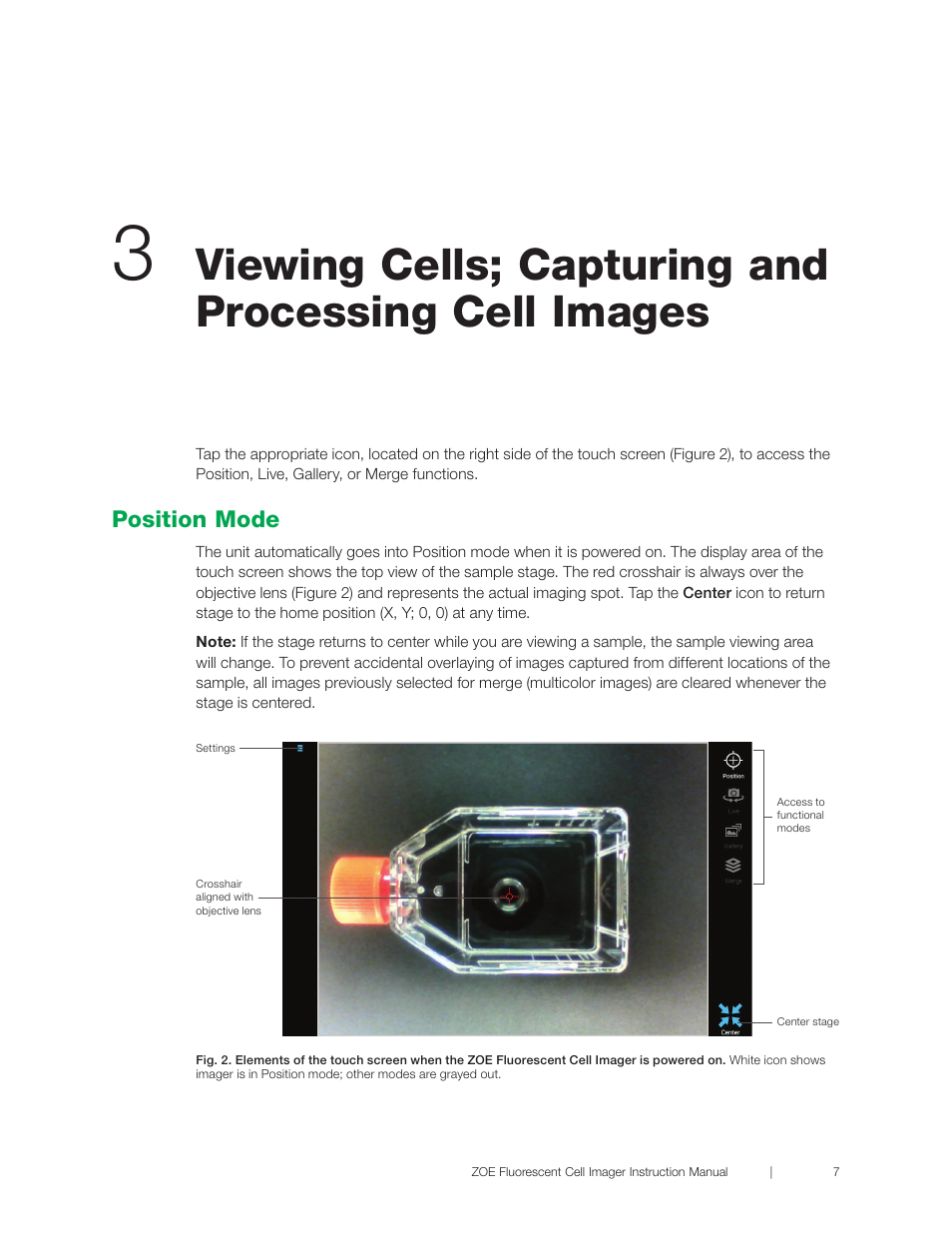 Viewing cells; capturing and, Processing cell images position mode | Bio-Rad ZOE™ Fluorescent Cell Imager User Manual | Page 15 / 36
