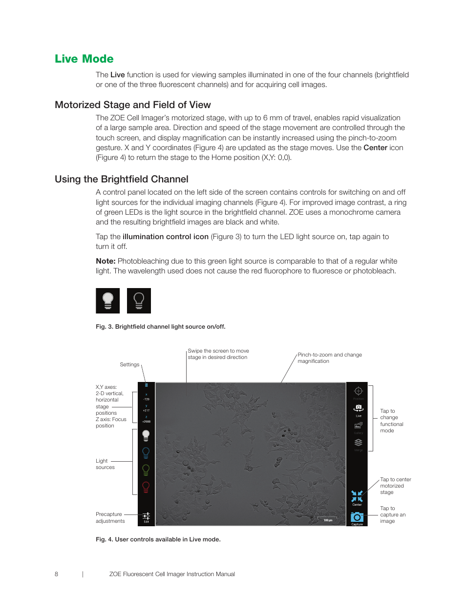 Live mode, Motorized stage and field of view, Using the brightfield channel | Bio-Rad ZOE™ Fluorescent Cell Imager User Manual | Page 16 / 36