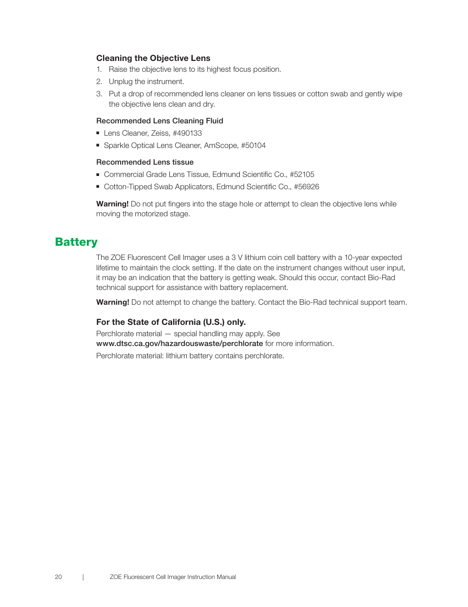 Battery, Cleaning the objective lens, For the state of california (u.s.) only | Bio-Rad ZOE™ Fluorescent Cell Imager User Manual | Page 28 / 36