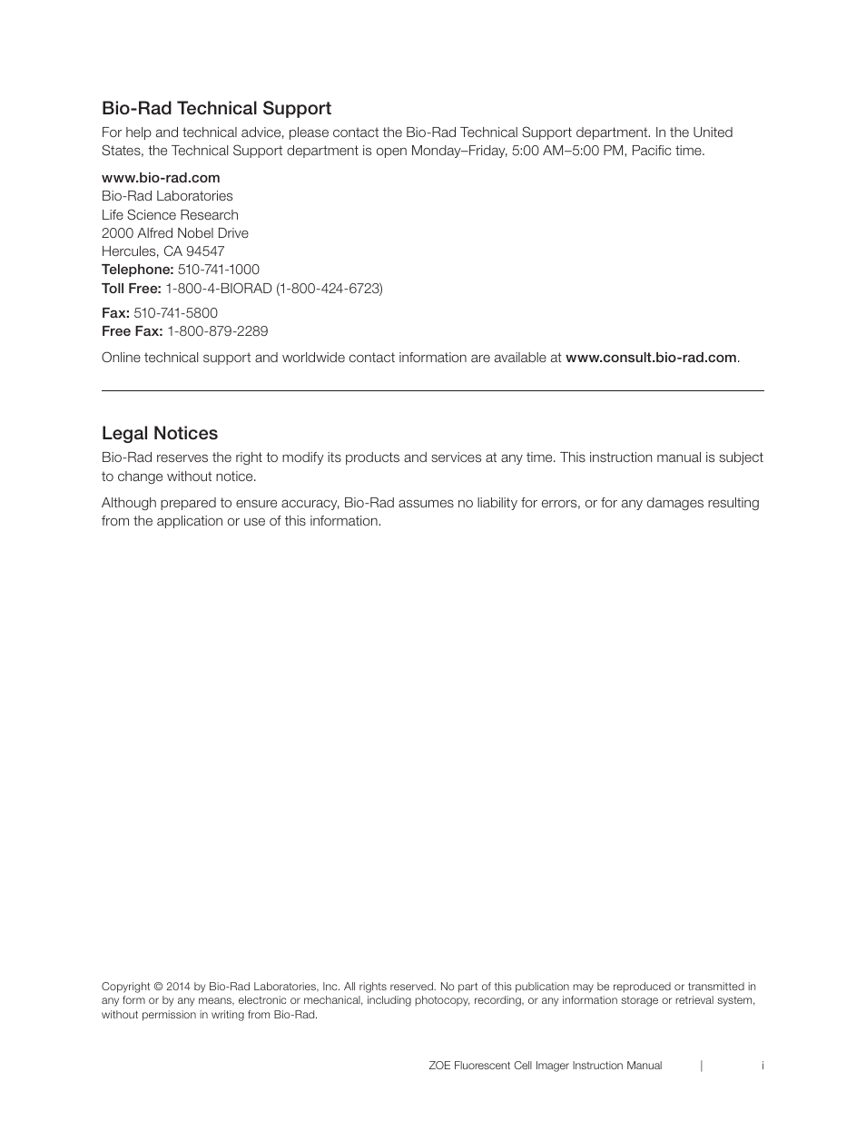 Legal notices, Bio-rad technical support | Bio-Rad ZOE™ Fluorescent Cell Imager User Manual | Page 3 / 36