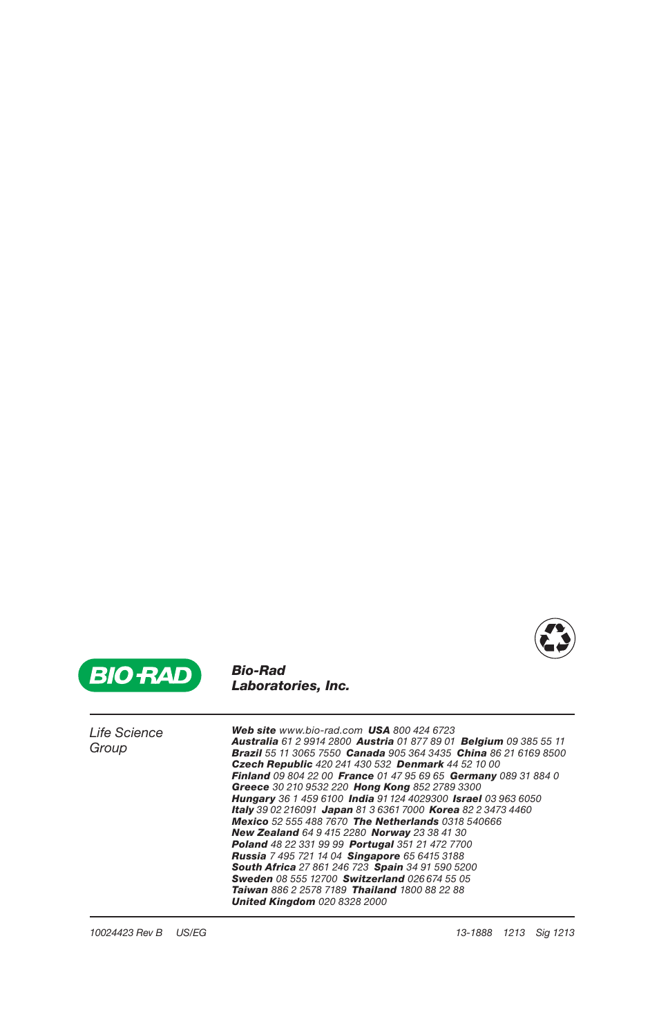 Life science group, Bio-rad laboratories, inc | Bio-Rad TC20™ Automated Cell Counter User Manual | Page 34 / 34