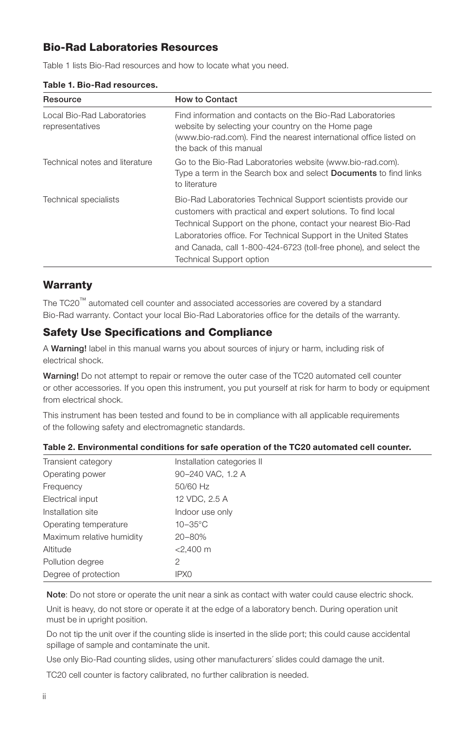 Bio-rad laboratories resources, Warranty, Safety use specifications and compliance | Bio-Rad TC20™ Automated Cell Counter User Manual | Page 4 / 34