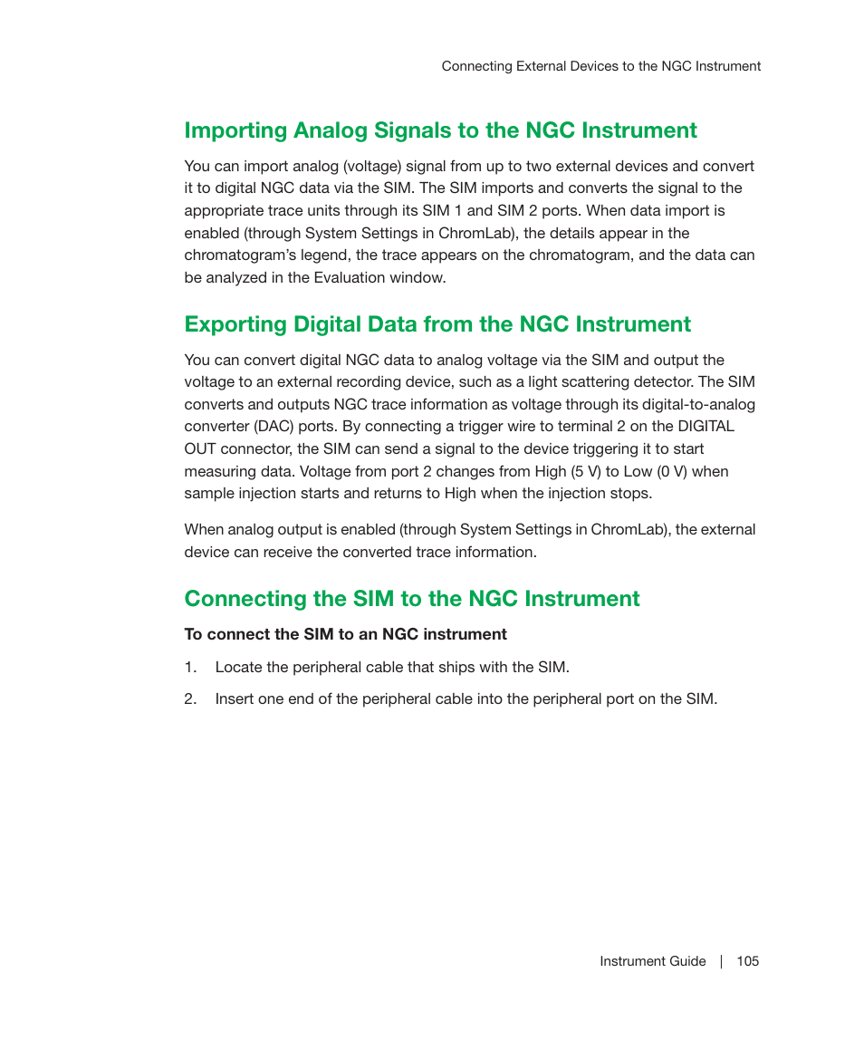 Importing analog signals to the ngc instrument, Exporting digital data from the ngc instrument, Connecting the sim to the ngc instrument | Bio-Rad ChromLab™ Software User Manual | Page 107 / 306