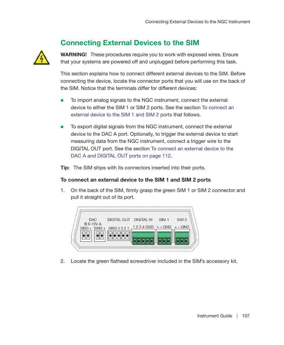 Connecting external devices to the sim, Next, see the | Bio-Rad ChromLab™ Software User Manual | Page 109 / 306