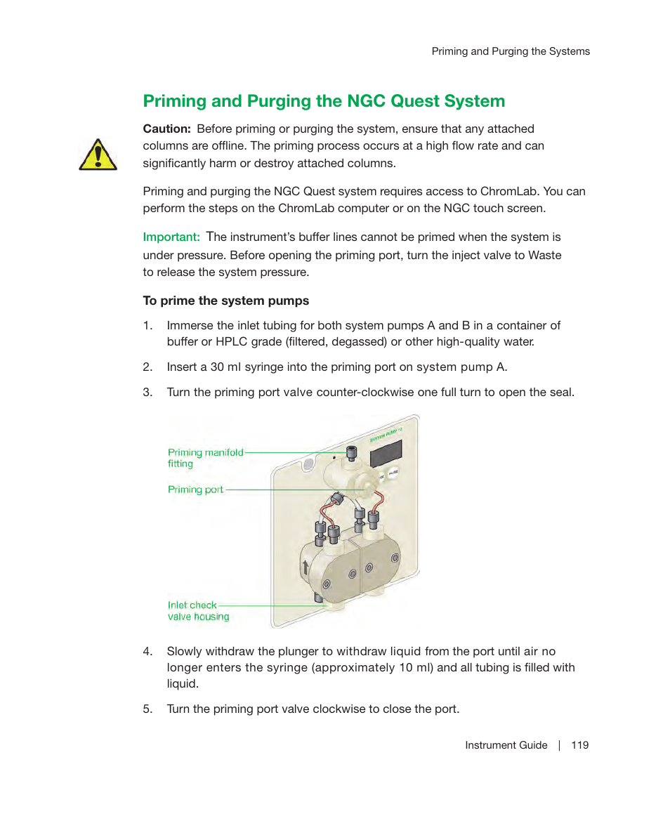 Priming and purging the ngc quest system | Bio-Rad ChromLab™ Software User Manual | Page 121 / 306