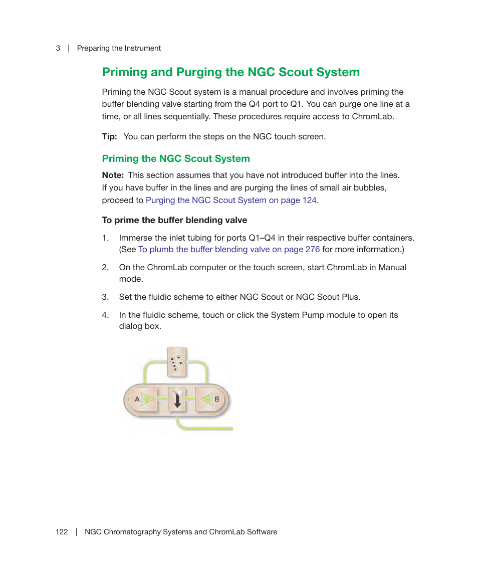 Priming and purging the ngc scout system, Priming the ngc scout system | Bio-Rad ChromLab™ Software User Manual | Page 124 / 306