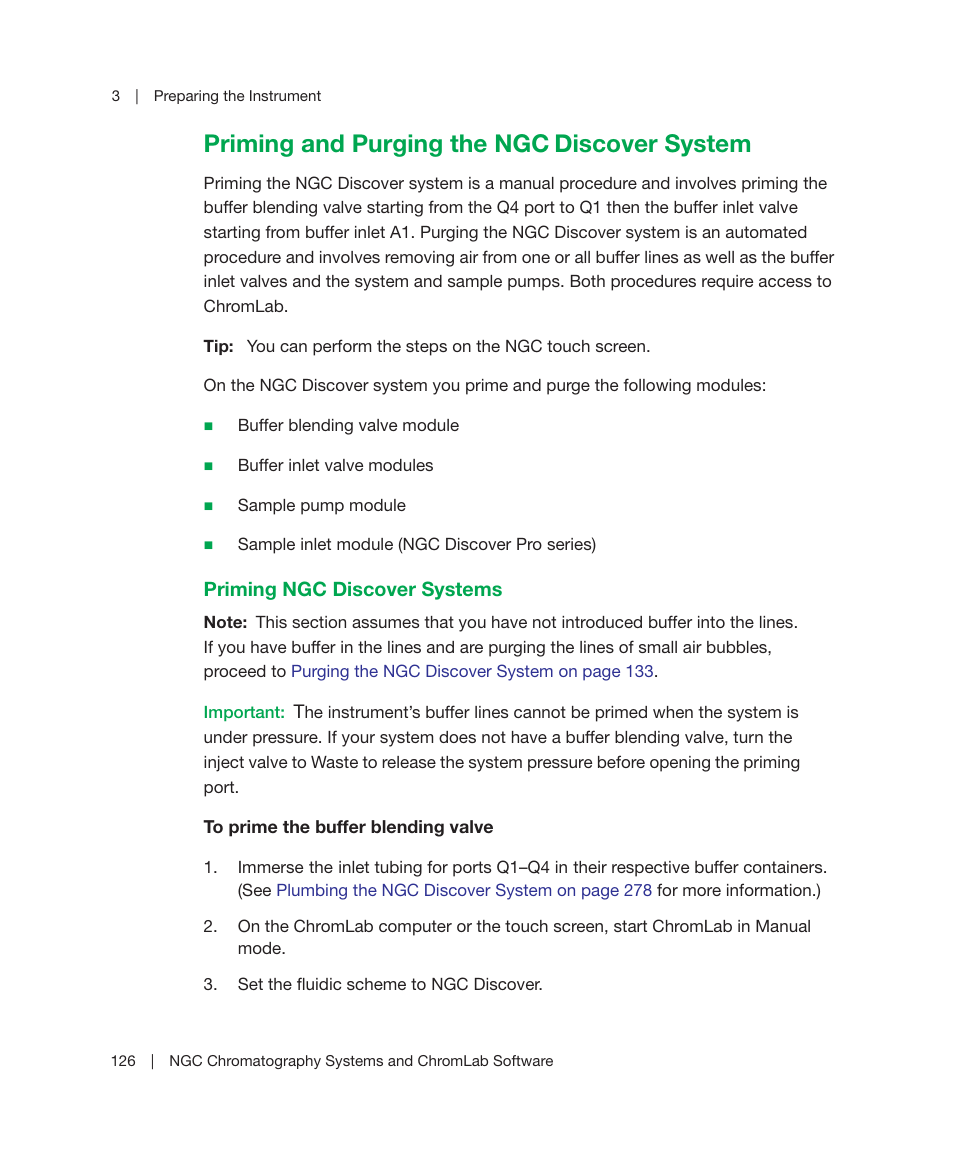 Priming and purging the ngc discover system, Priming ngc discover systems, Priming and purging the ngc | Discover system | Bio-Rad ChromLab™ Software User Manual | Page 128 / 306