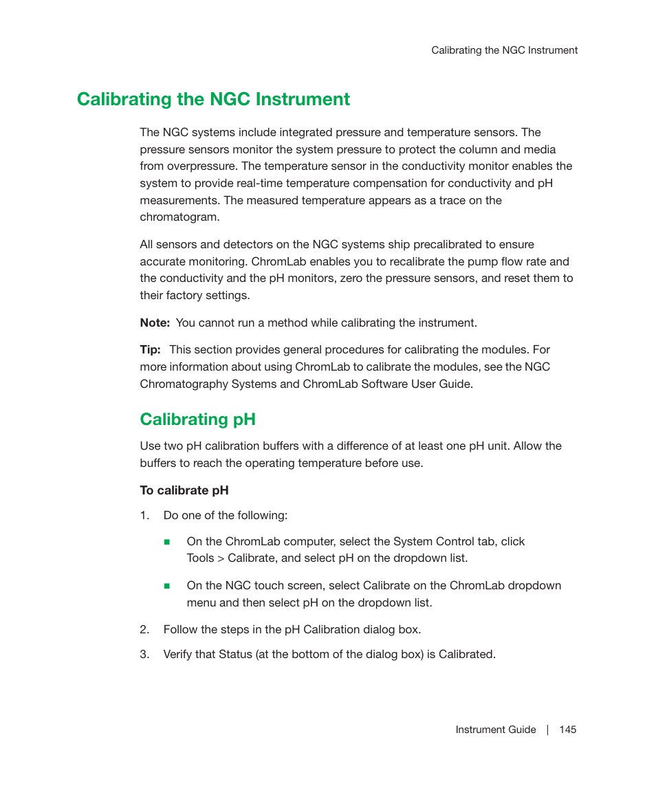 Calibrating the ngc instrument, Calibrating ph, E information, see | Calibrating ph on | Bio-Rad ChromLab™ Software User Manual | Page 147 / 306