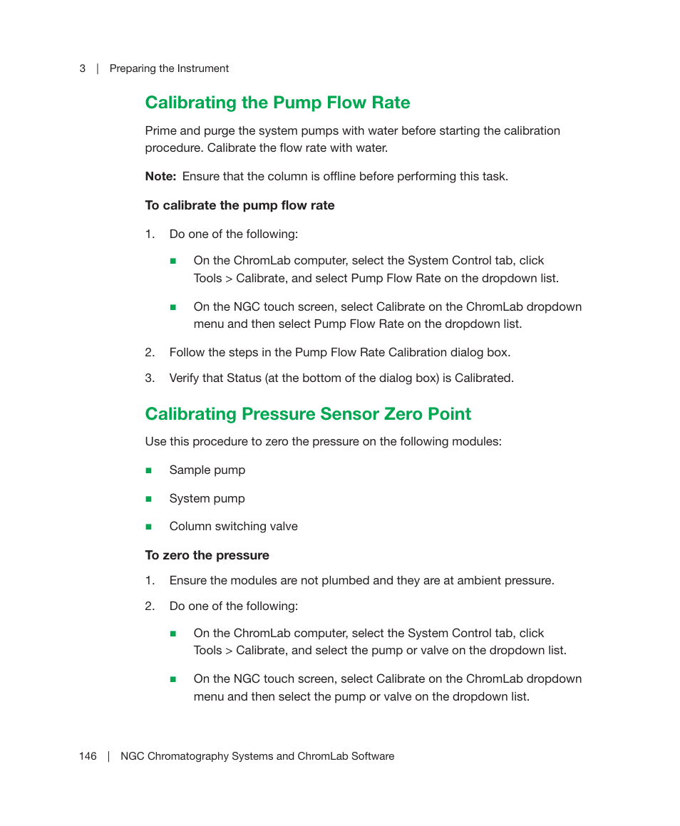 Calibrating the pump flow rate, Calibrating pressure sensor zero point | Bio-Rad ChromLab™ Software User Manual | Page 148 / 306