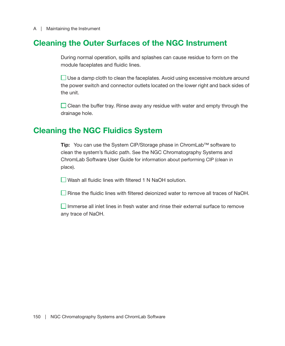 Cleaning the outer surfaces of the ngc instrument, Cleaning the ngc fluidics system | Bio-Rad ChromLab™ Software User Manual | Page 152 / 306