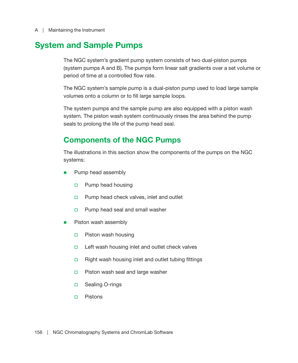 System and sample pumps, Components of the ngc pumps | Bio-Rad ChromLab™ Software User Manual | Page 158 / 306