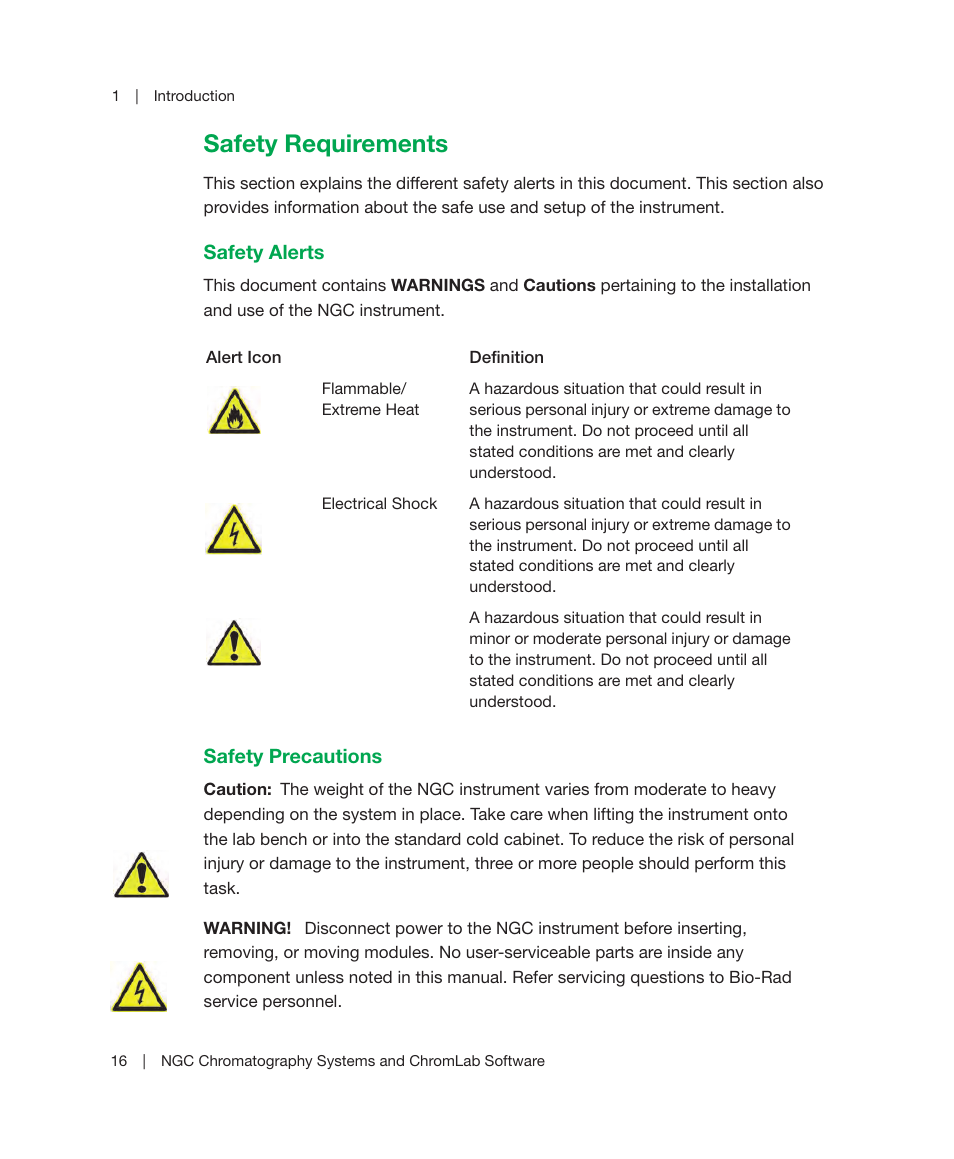 Safety requirements, Safety alerts safety precautions | Bio-Rad ChromLab™ Software User Manual | Page 18 / 306
