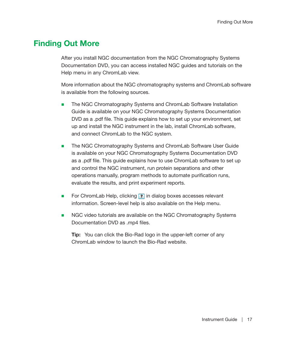 Finding out more | Bio-Rad ChromLab™ Software User Manual | Page 19 / 306