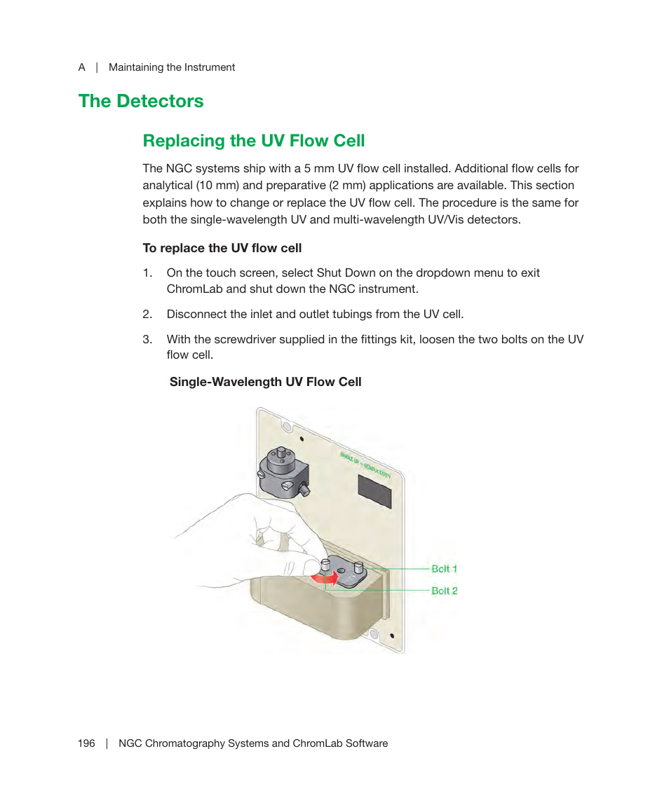 The detectors, Replacing the uv flow cell | Bio-Rad ChromLab™ Software User Manual | Page 198 / 306