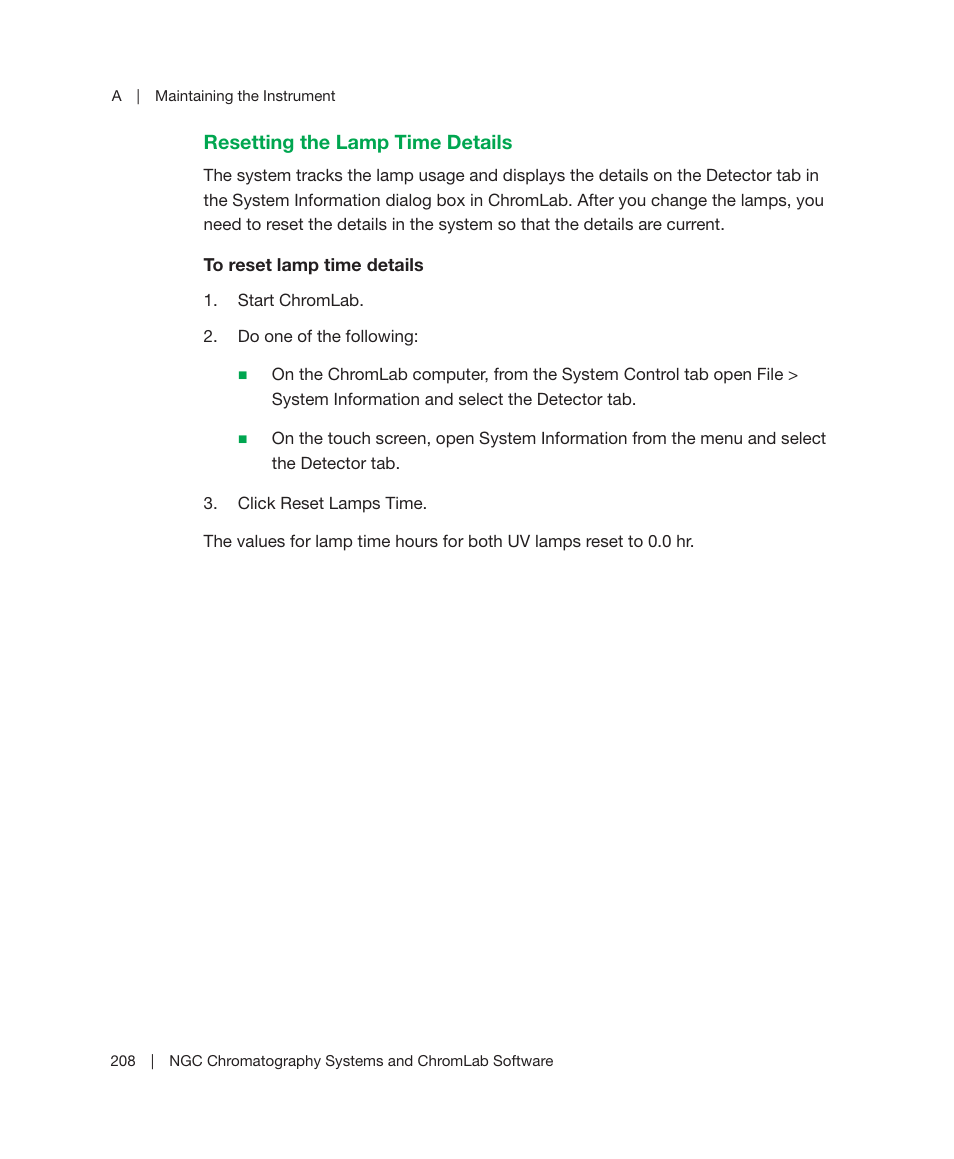 Resetting the lamp time details | Bio-Rad ChromLab™ Software User Manual | Page 210 / 306