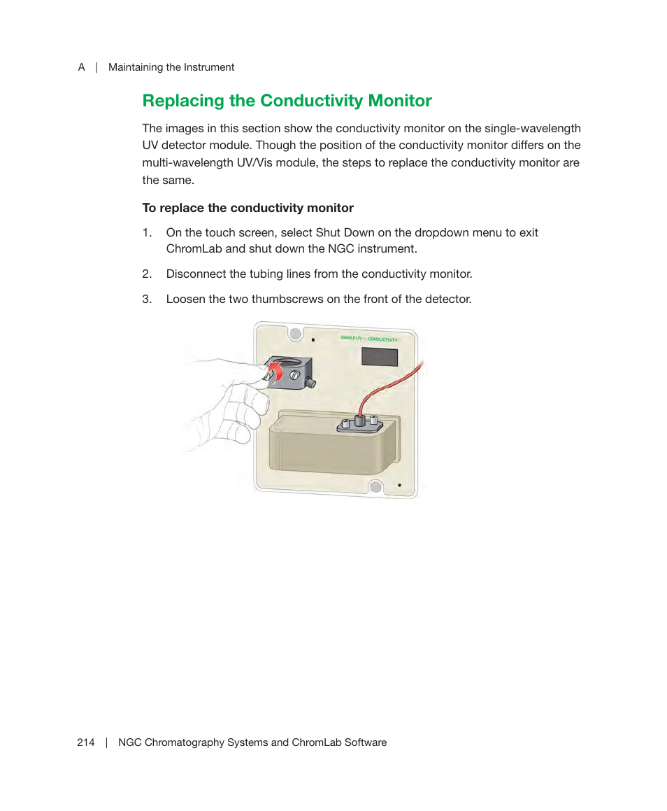 Replacing the conductivity monitor | Bio-Rad ChromLab™ Software User Manual | Page 216 / 306