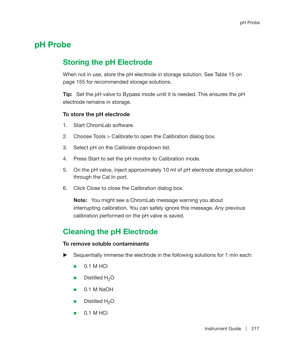 Ph probe, Storing the ph electrode, Cleaning the ph electrode | Storing the ph electrode cleaning the ph electrode, Storing the ph electrode on, For information about storing | Bio-Rad ChromLab™ Software User Manual | Page 219 / 306