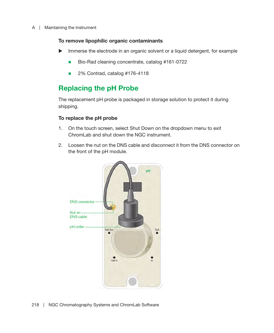 Replacing the ph probe, Obe, see, Replacing the ph | The section, For information about installing a | Bio-Rad ChromLab™ Software User Manual | Page 220 / 306