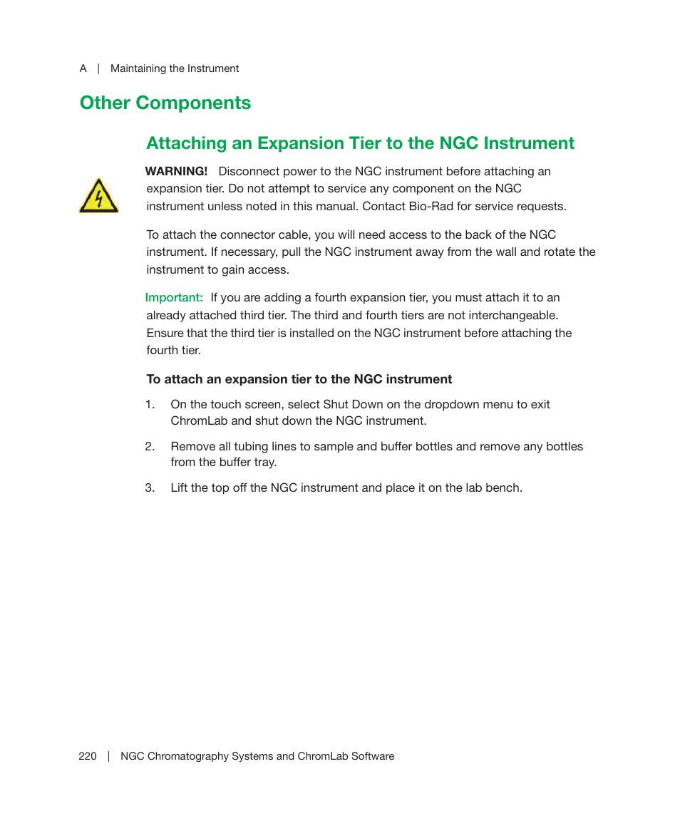 Other components, Attaching an expansion tier to the ngc instrument | Bio-Rad ChromLab™ Software User Manual | Page 222 / 306