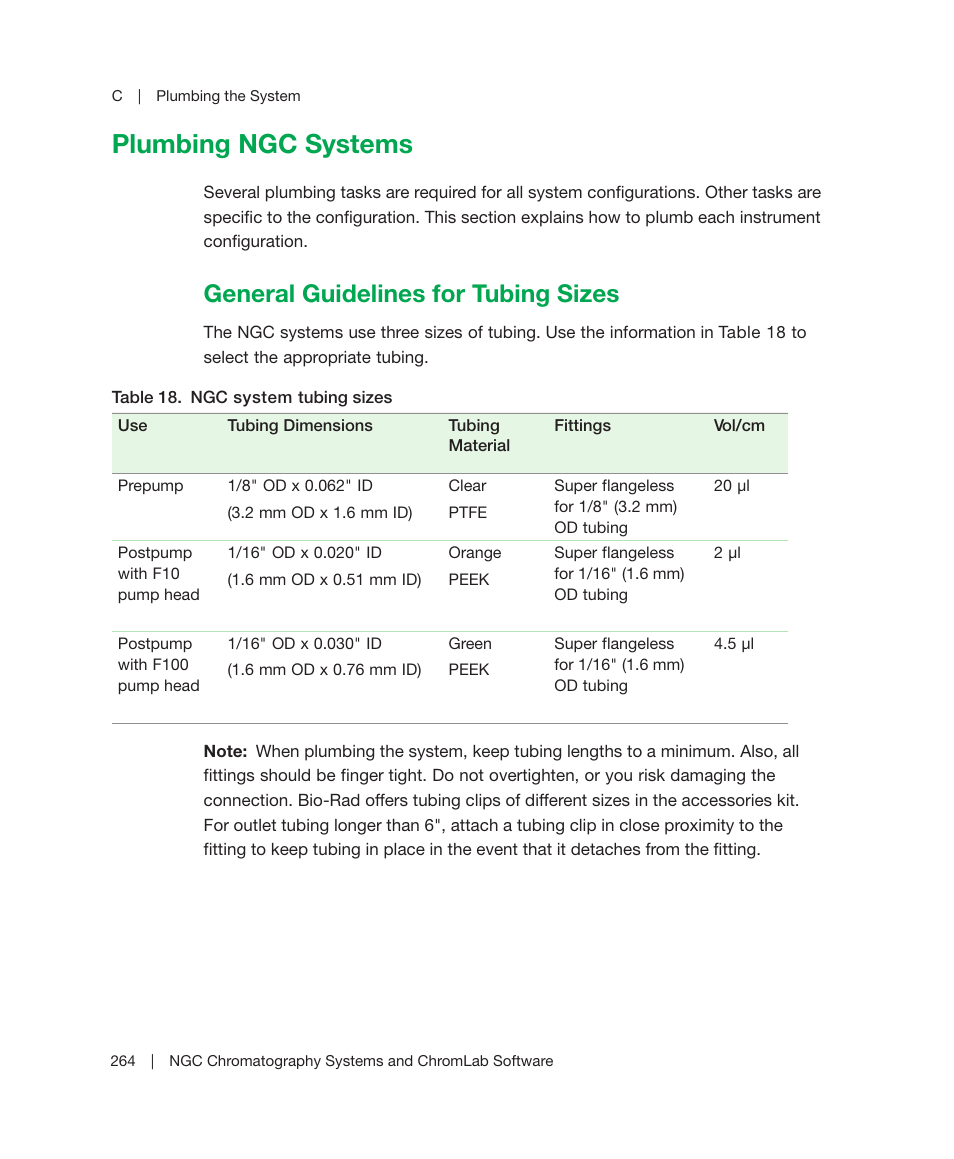 Plumbing ngc systems, General guidelines for tubing sizes | Bio-Rad ChromLab™ Software User Manual | Page 266 / 306