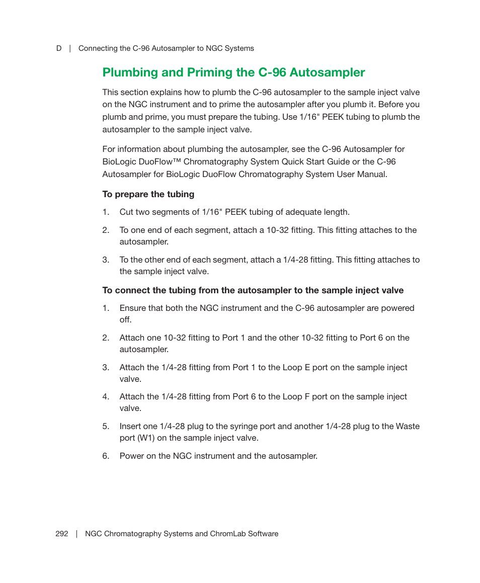Plumbing and priming the c-96 autosampler | Bio-Rad ChromLab™ Software User Manual | Page 294 / 306