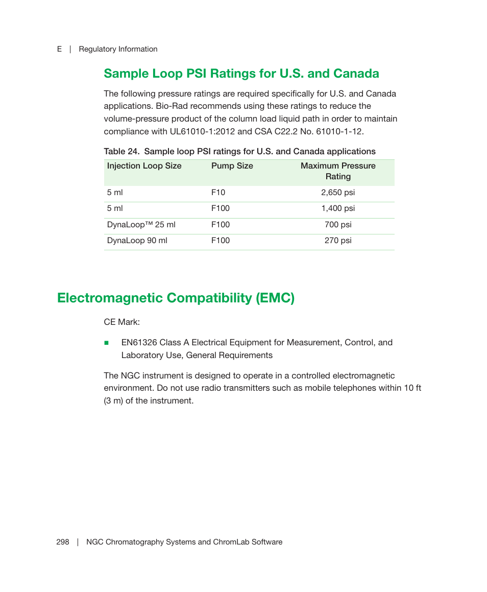 Sample loop psi ratings for u.s. and canada, Electromagnetic compatibility (emc) | Bio-Rad ChromLab™ Software User Manual | Page 300 / 306