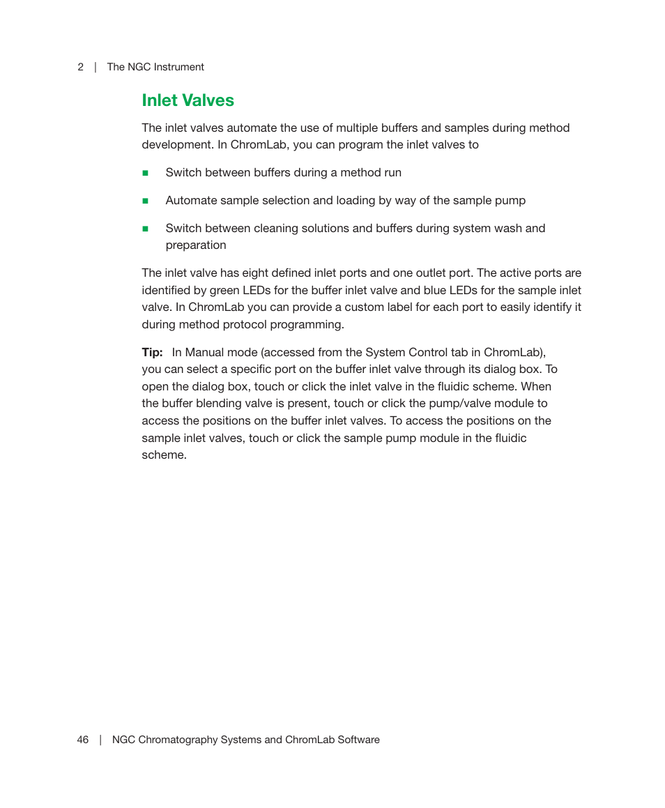 Inlet valves | Bio-Rad ChromLab™ Software User Manual | Page 48 / 306