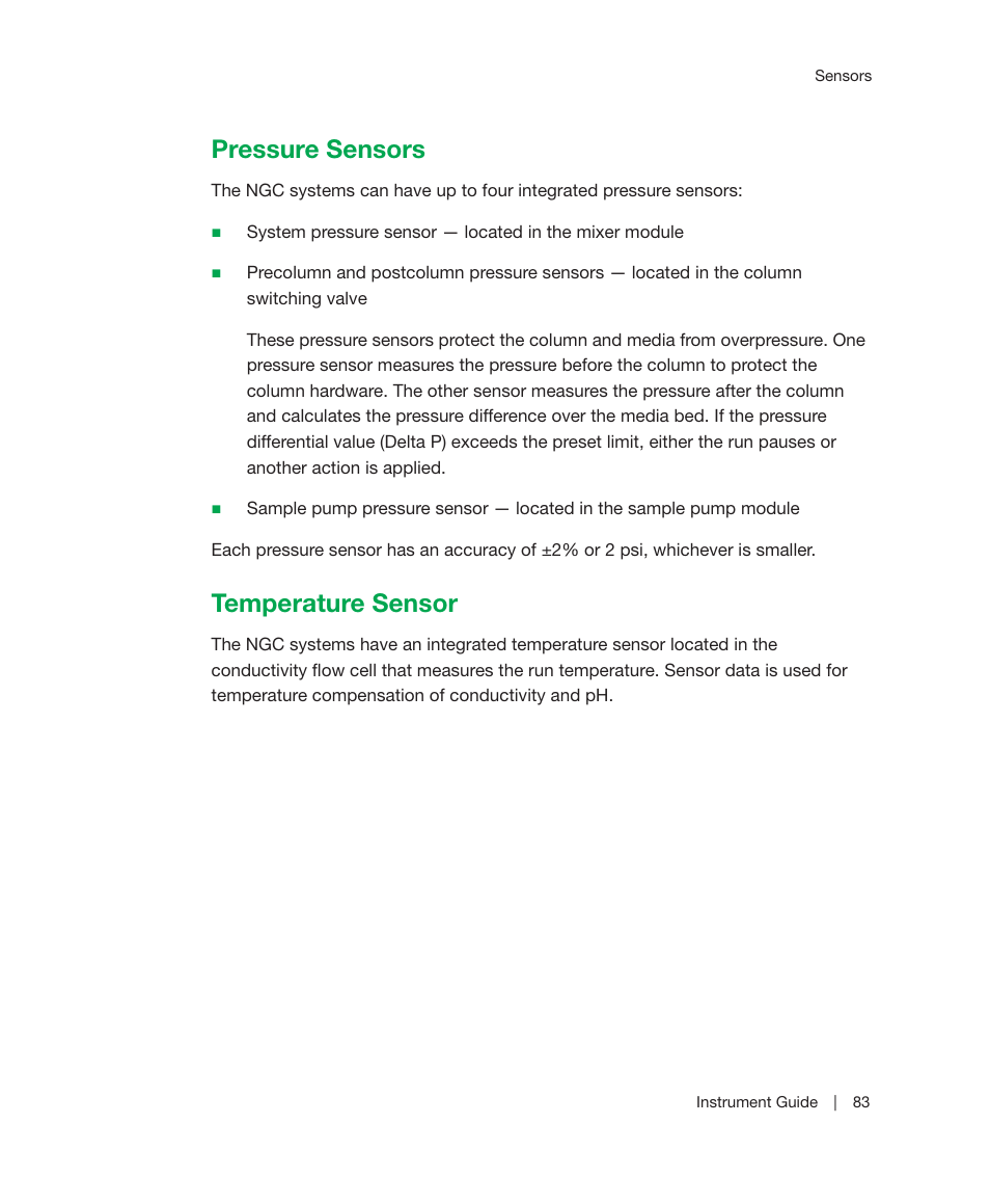 Pressure sensors, Temperature sensor, Pressure sensors temperature sensor | Bio-Rad ChromLab™ Software User Manual | Page 85 / 306