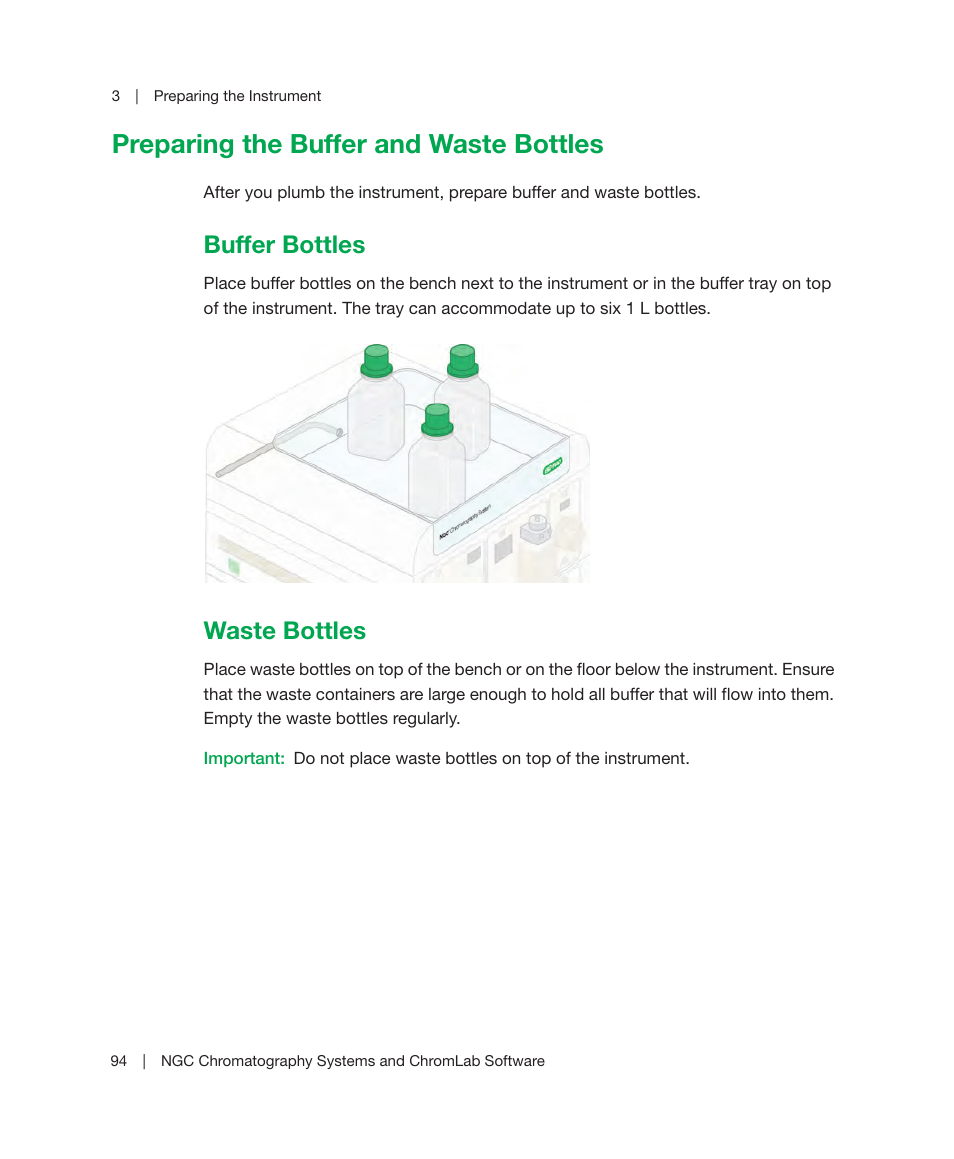 Preparing the buffer and waste bottles, Buffer bottles, Waste bottles | Buffer bottles waste bottles | Bio-Rad ChromLab™ Software User Manual | Page 96 / 306