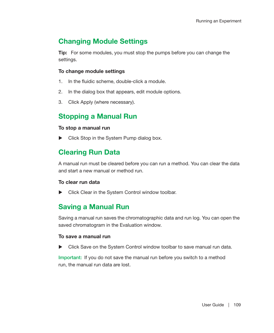 Changing module settings, Stopping a manual run, Clearing run data | Saving a manual run | Bio-Rad ChromLab™ Software User Manual | Page 111 / 300