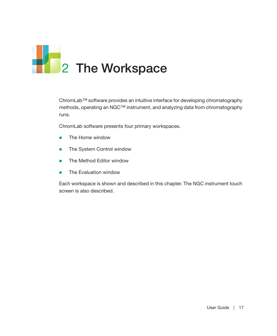 2 the workspace, Chapter 2, The workspace | 2the workspace | Bio-Rad ChromLab™ Software User Manual | Page 19 / 300