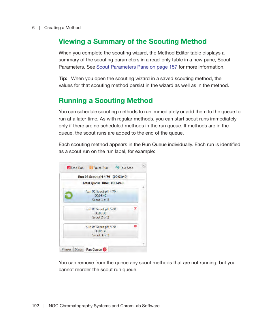 Viewing a summary of the scouting method, Running a scouting method | Bio-Rad ChromLab™ Software User Manual | Page 194 / 300