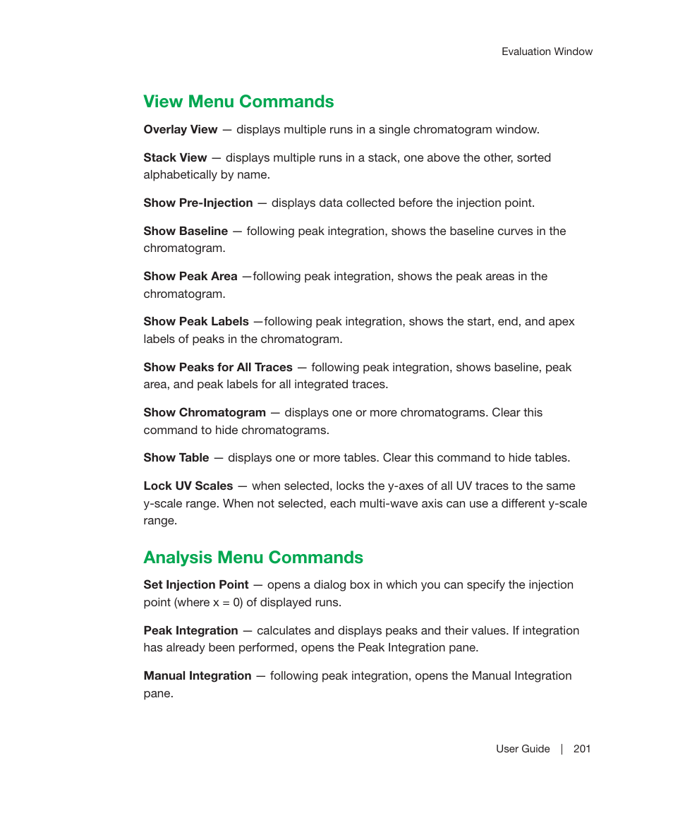 View menu commands, Analysis menu commands, View menu commands analysis menu commands | Bio-Rad ChromLab™ Software User Manual | Page 203 / 300