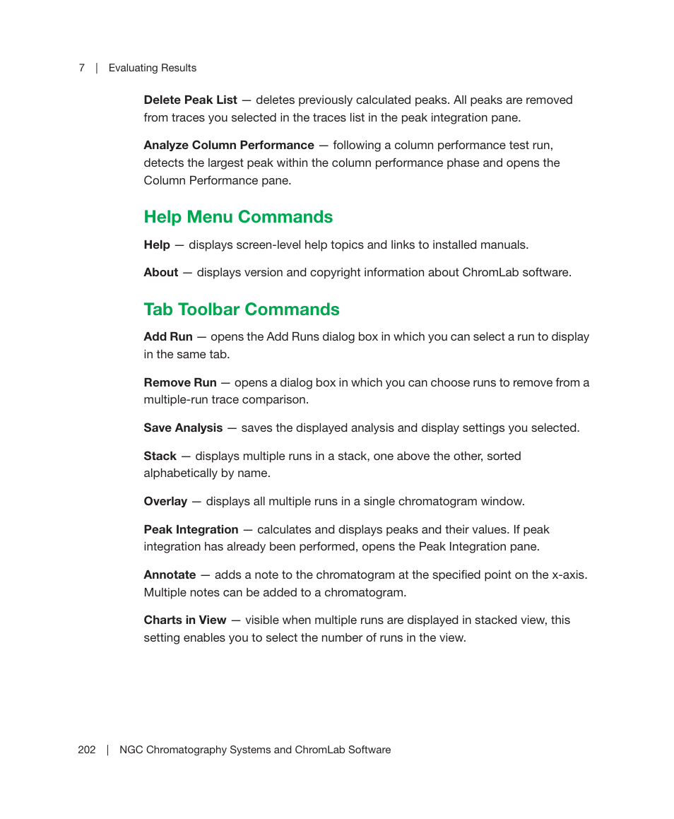 Help menu commands, Tab toolbar commands, Help menu commands tab toolbar commands | Bio-Rad ChromLab™ Software User Manual | Page 204 / 300