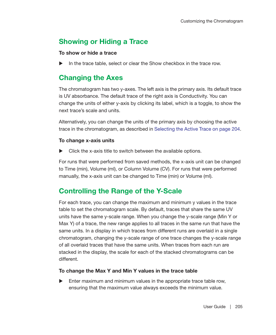 Showing or hiding a trace, Changing the axes, Controlling the range of the y-scale | Changing the axes on, Change when you select the active trace. see | Bio-Rad ChromLab™ Software User Manual | Page 207 / 300