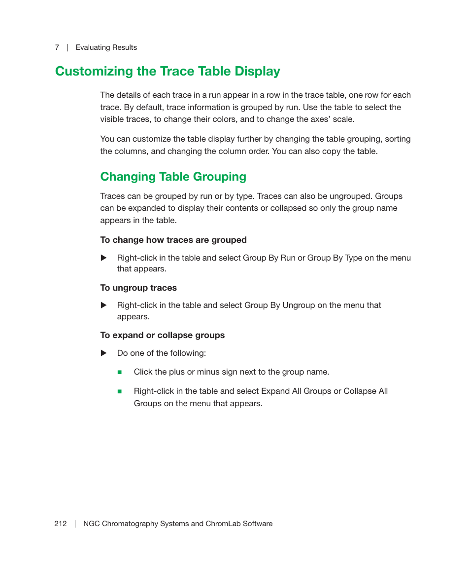 Customizing the trace table display, Changing table grouping | Bio-Rad ChromLab™ Software User Manual | Page 214 / 300