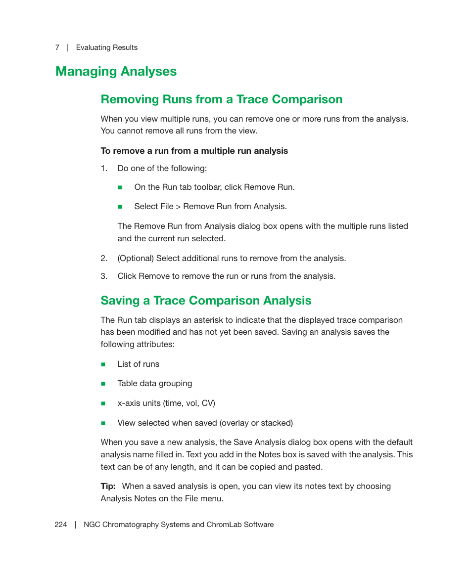 Managing analyses, Removing runs from a trace comparison, Saving a trace comparison analysis | Bio-Rad ChromLab™ Software User Manual | Page 226 / 300