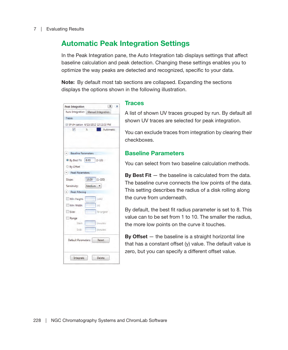 Automatic peak integration settings, Traces baseline parameters | Bio-Rad ChromLab™ Software User Manual | Page 230 / 300