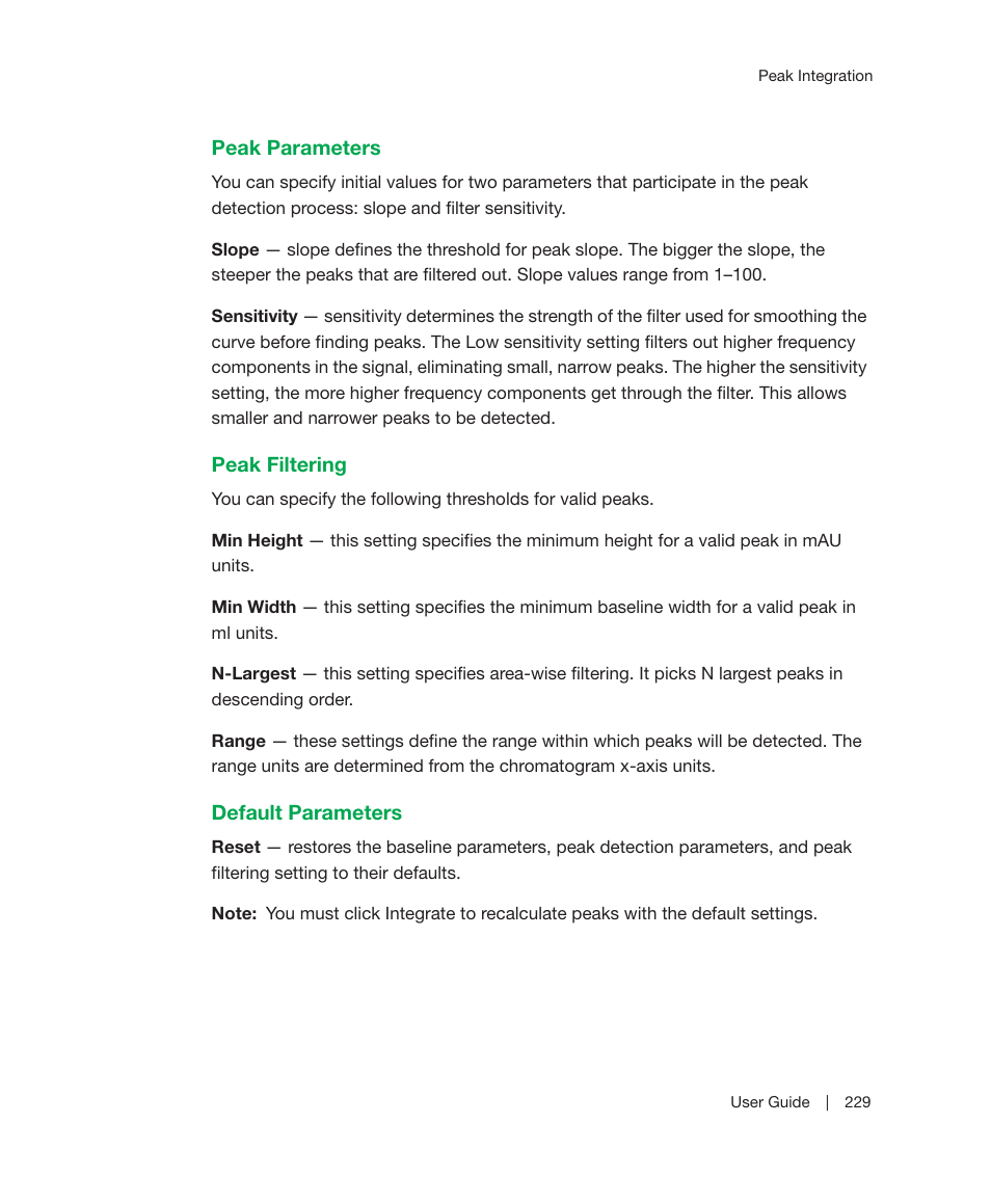 Peak parameters peak filtering default parameters | Bio-Rad ChromLab™ Software User Manual | Page 231 / 300